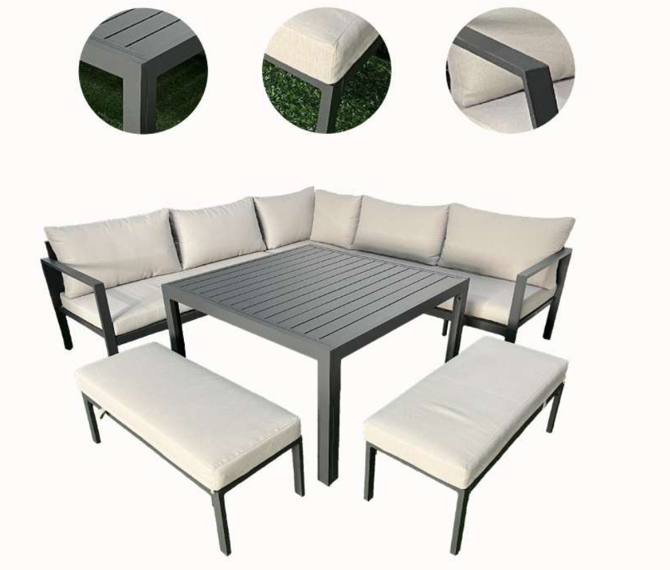 Outdoor corner lounge dining set with cream cushions